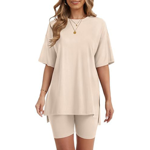 Women's Beige 2-Piece <b>Knitted</b> <b>Set</b> O-Neck Loose Short Sleeve Top With Above Knee Shorts Solid Breathable Casual Spring Summer - Product Image 5