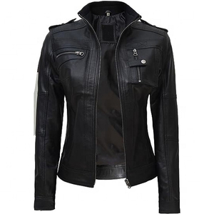 Women Real Leather <b>Jacket</b> Black Punk Rock Moto Bomber Slim Fit Outerwear Coat Top Selling Trendy Fashion Lady <b>Gothic</b> Streetwear - Product Image 1