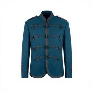 Veste matelassée vintage unisexe bleue à double boutonnage, brodée, unie, avec boutons décoratifs, style formel, coupe classique, hiver - Product Image 1
