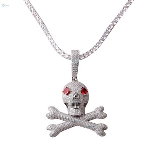 Pendentif Hip Hop Tête de Mort et Os Croisés en Argent 925, Micro-Pavé Moissanite, Yeux Rouges, Breloques Thème Homme, Pendentif Visage Horreur, Chaîne Tennis - Product Image 3