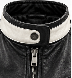 Chaleco de cuero para hombre en blanco y negro con cuello alto y cierre de cremallera. - Product Image 4