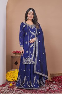 Traje Anarkali de algodón azul real con bordado plateado para mujer, ropa de boda, vestido tradicional indio largo hasta el suelo. - Product Image 1