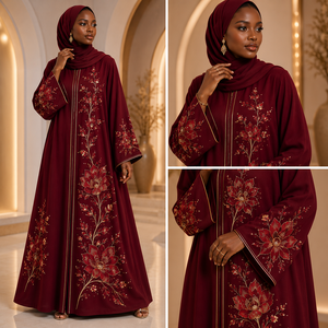 Abaya élégante brodée de fleurs, robe longue à manches longues pour femmes, style moyen-oriental, rouge, pour tous les jours - Product Image 6