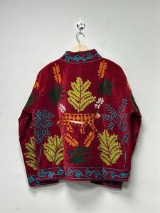 Boho Chic Suzani Embroidered <b>Velvet</b> <b>Jacket</b> With Tropical Pattern Women Ethnic Winter Coat Stand Collar Open Front Designer Wear - Product Image 5