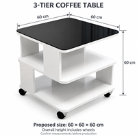 Table basse carrée moderne avec roulettes, étagère de rangement à 3 niveaux, table d'appoint roulante, meubles de salon noir et blanc