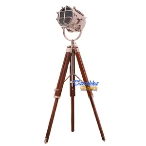 Brown Antique Nautical Searchlight with Wooden Tripod Metal Craft Designer Hexagon Look Spot Lamp with Wooden Stand