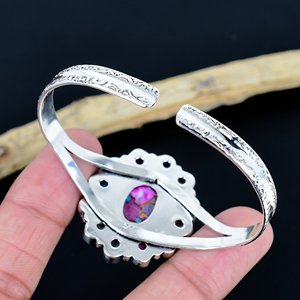 Flower Shape pink Spiny oyster Cuff <b>Bracelet</b> Women's Bohemia Style Antique 925 sterling Silver Plated Natural Stone Jewelry Gift - Product Image 3