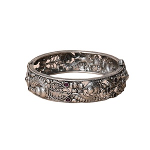 Floral Design Oxidised Silver <b>Ruby</b> Stone Embellished Girls Ethnic Wear Kada Bangles at Outstanding Market Price from India - Product Image 1