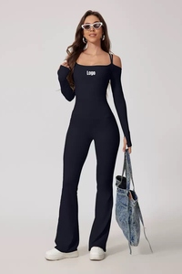 Custom Logo Women's Sexy One Piece Backless Yoga Jumpsuit Cold Shoulder Double Straps <b>Flared</b> Pants Water Resistant Spandex/Nylon - Product Image 5
