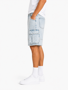 Shorts cargo en denim bleu clair pour hommes, coupe décontractée, style utilitaire, décontracté, pour l'été, multi-poches, streetwear, délavé - Product Image 3