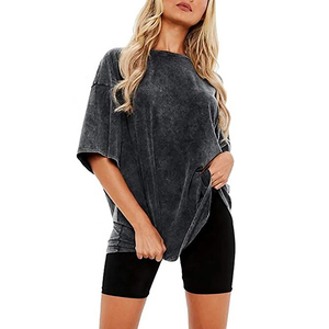 T-shirt ample à épaules tombantes pour femme, couleur unie, en coton lavé, coupe décontractée, manches courtes, col rond, respirant, haut décontracté pour le printemps - Product Image 1