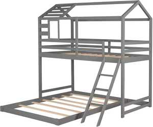 Eco-Friendly L-Shape Wooden Bunk Bed <b>Frame</b> with <b>Ladder</b> & Safety Guardrail – Twin/Full House Bed for Home & Hotel - Product Image 2