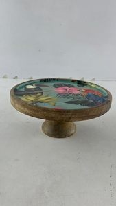 Round Wooden Cake Stand Floral Printed Dessert Pedestal Enamel Snack <b>Tray</b> Dishwasher Safe for Home Party Baking Display - Product Image 1