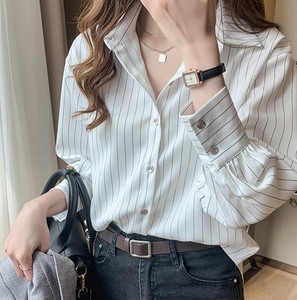 Camisa a rayas con botones para mujer, blusa informal clásica con cuello vuelto y manga larga, ropa de oficina para primavera y verano - Product Image 4
