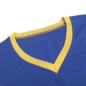 Maillot de football pour homme bleu à col en V et manches courtes avec bordure jaune, en maille respirante en polyester, vêtement de sport BRG, maillot de football américain - Product Image 4