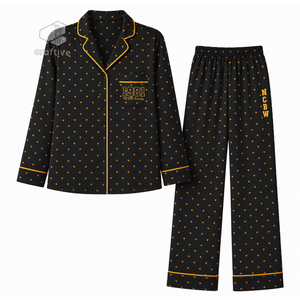 NCBW Sorority Women's <b>Black</b> Heart Print <b>Pajama</b> <b>Set</b> Button Front Long Sleeve Notched Collar Soft Contrast Piping Lounge PJs - Product Image 1