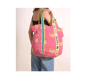 Vintage Cotton Kantha Boho Tote Bag Handstitched Reusable Shopping Bag Printed Design Jaif Textiles JF-024 Rajasthan Two Handles - Product Image 1