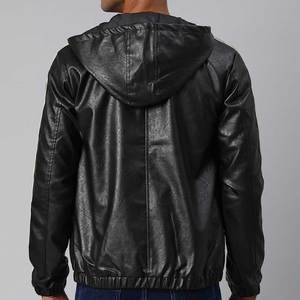 Chaqueta con Capucha de Cuero Sintético Negro para Hombre, Cierre de Cremallera, Corte Regular, Color Sólido, Estilo Motero, para Otoño - Product Image 4