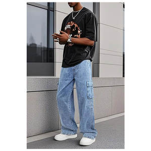 Jean baggy pour homme, pantalon en denim à taille élastique avec cordon de serrage, style streetwear décontracté, coupe ample, en mélange de coton - Product Image 5
