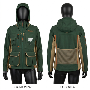 Veste Softshell de Pêche pour Femme 300 GSM Polyester Spandex Imperméable Respirante Vert Kaki Design à Panneaux Logo Brodé Personnalisé - Product Image 1