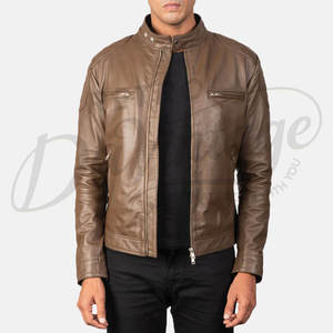 Veste en cuir véritable marron classique pour homme, style motard, coupe ajustée, épaules matelassées, col montant élégant, manteau d'hiver décontracté - Product Image 5
