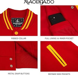 เสื้อแจ็คเก็ตวาร์ซิตี้สีแดงเหลืองสำหรับผู้ชาย แขนหนัง PU แต่งสีตัดกัน สไตล์ลำลองแบบเบสบอล ปกคอพับ ติดกระดุมแถวเดียว เสื้อคลุมตัวนอก - Product Image 3