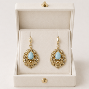 Natural Larimar Gemstone <b>Dangle</b> <b>Earrings</b> <b>Gold</b> Plated Brass Anchor Shape Filigree Design Trendy for Women Gift Jewelry - Product Image 5