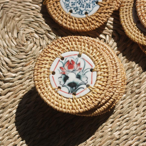 Eco Friendly Handmade Rattan Ceramic Coaster Set Vietnam Artisan Woven <b>Table</b> <b>Protection</b> Drink Mat - Product Image 5