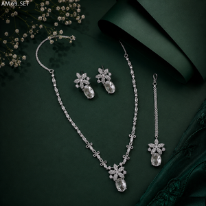 MIJ Luxury American Diamond CZ Stones Silver Plated Alloy <b>Bridal</b> Wedding Engagement Jewelry Set Fancy Style - Product Image 3