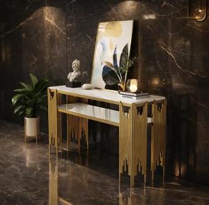 Modern Brass <b>Console</b> <b>Table</b> With <b>Marble</b> Top Rectangle Contemporary Entryway Decor Indoor Home Accent Piece - Product Image 3