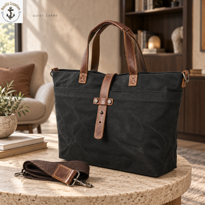 Black <b>Waxed</b> <b>Canvas</b> Tote Bag with Carry Handles and Snap Closure | Everyday Shoulder Bag with Detachable Strap for Daily Travels - Product Image 4