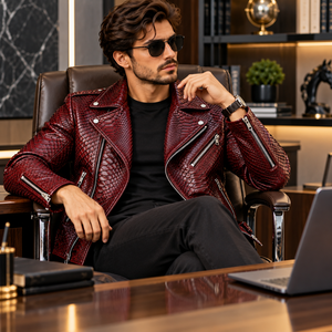 Mens <b>Burgundy</b> Embossed Breathable Snake Skin <b>Leather</b> Biker <b>Jacket</b> Stylish Streetwear Motorcycle Outerwear Fashion - Product Image 6