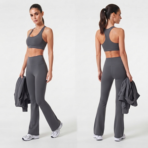 <b>Women</b> Yoga Jacket Full Length 3 Piece Set <b>Flared</b> Leg <b>Legging</b> Spandex Polyester Gym Fitness Jacket Racerback Bra Set Ladies - Product Image 4
