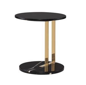 <b>Round</b> <b>Black</b> Marble C Shaped <b>Side</b> <b>Table</b> with Gold Legs Slim Sofa Slide Under End <b>Table</b>, Modern Nero Marquina Stone Cocktail - Product Image 3