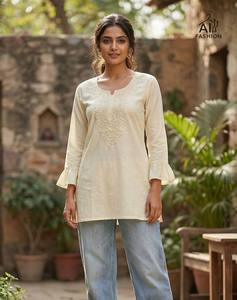 <b>Indian</b> Fashion Heavy Rayon Short Kurtis Pink Chikankari Work Traditional Midi Casual Tunic <b>Top</b> India Pakistan Style Regular Fit - Product Image 4