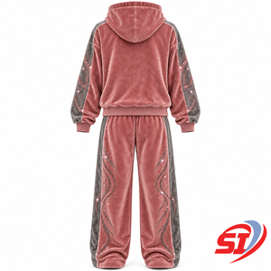 Premium Rose Smoke Royalty 280 GSM Velour <b>Velvet</b> Rhinestone Crystal Tracksuit Hoodie and Baggy Pants OEM Streetwear <b>Jogger</b> - Product Image 2