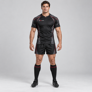 Ensemble de maillot et short de rugby personnalisés, tissu polyester respirant, léger, coupe confortable, évacuation de l'humidité, séchage rapide - Product Image 1