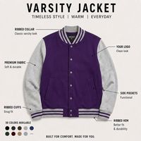 Veste universitaire pour homme, couleur gris et violet, coupe classique, fermeture éclair sur le devant, style décontracté, col rabattu, matière polaire, vêtement d'automne
