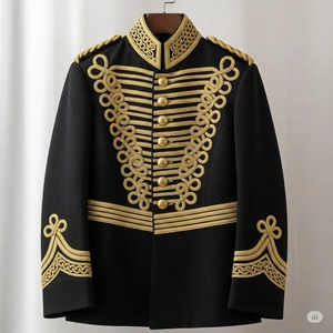 Veste militaire en laine noire pour homme, style hussard, avec tresses dorées - Product Image 1