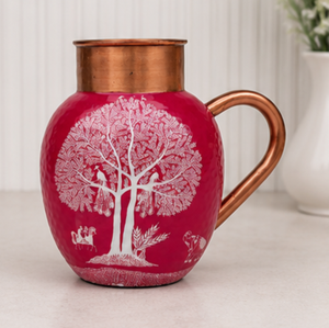 Carafe à eau en cuivre pur, émaillée rose, motif imprimé Arbre de Vie, motif paon et éléphant, style antique indien ayurvédique - Product Image 5