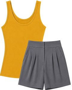 Manufacturer Mustard Yellow Sleeveless Tank <b>Top</b> With Gray High Waist Shorts Women Casual Summer Lounge Two Piece Outfit Set - Product Image 1