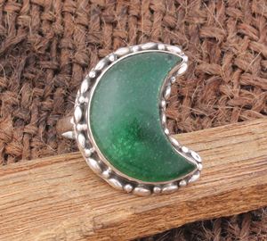 Anillo de Jade Verde Natural Vintage, Media Luna, Plata de Ley 925, Joyería de Luna Creciente, Borde Punteado, Anillo Retro con Piedras Preciosas para Mujer - Product Image 3