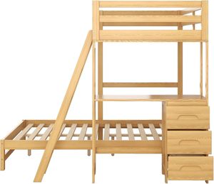 เตียงไม้สองชั้นคู่รูปตัวแอลแบบดั้งเดิมพร้อมโต๊ะและชั้นเก็บหนังสือสำหรับเด็กและวัยรุ่นเตียงลอฟท์ - Product Image 2