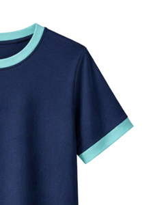 Conjunto de 2 Piezas para Mujer, Color Azul Marino, Camiseta de Manga Corta con Cuello Redondo y Ribete Azul Claro, Corte Holgado, Estilo Casual para Primavera/Verano - Product Image 4