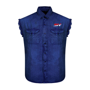 Camisa de Mezclilla sin Mangas Transpirable Personalizada para Hombre, Azul, de Algodón Lavado, con Logotipo Frontal, para Todas las Temporadas, Estilo Motociclista - Product Image 1
