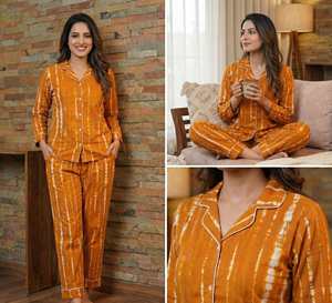 Ensemble de pyjama thermique pour femmes, tissé, 100% coton, couleur orange, imprimé dessiné à la main, dernière collection d'été, ensemble de pyjama pour femmes - Product Image 2