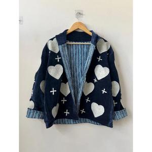Navy Cotton Knitted Heart Embroidered Handmade Suzani Boho Ethnic Autumn Reversible <b>Jacket</b> Customizable Gift for <b>Women</b> - Product Image 4