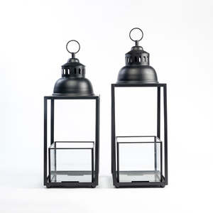 <b>Black</b> Metal <b>Lanterns</b> With Glass Panels For Home Decoration Durable Iron Candle Holders Modern Design Indoor Outdoor Use - Product Image 3
