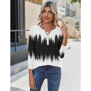 Blusa de Mujer con Cuello en V, Estampado Degradado, Manga Tres Cuartos, Corte Holgado Informal, Top de Primavera/Verano, Tejido Popelina Transpirable - Product Image 4