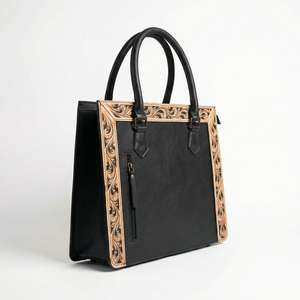 Bolso Tote de Gran Capacidad, Color Negro Sólido, 100% Cuero Genuino, Borde Lateral con Flores Talladas a Mano, Estilo Veraniego - Product Image 4